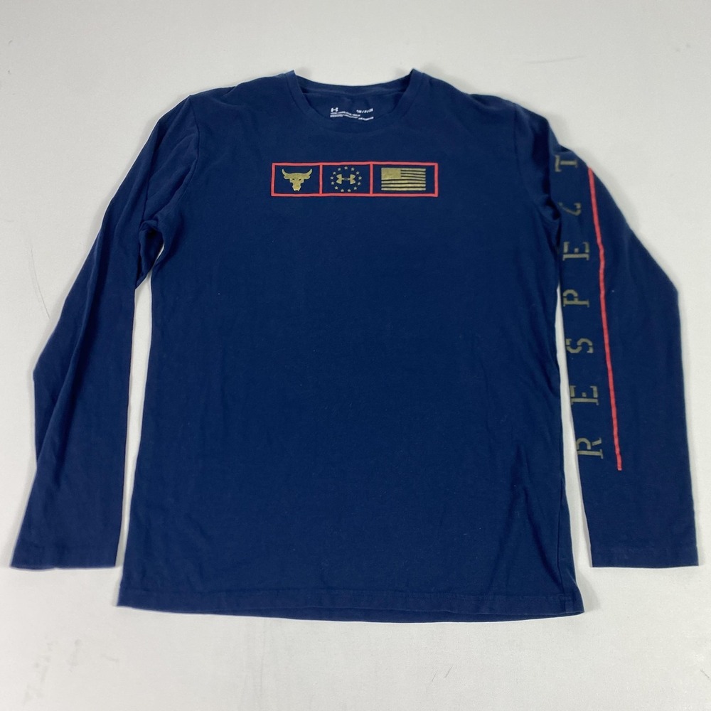 Under Armour Project Rock Shirt Mens Small Blue Long Sleeve HeatGear